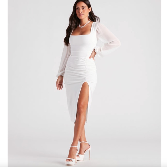 WINDSOR | White Marjorie Formal Chiffon Sleeve Midi Dress (size medium) - Picture 2 of 6